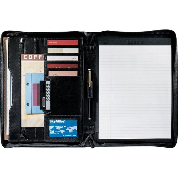Leather Zippered Portfolio with travel bag. Leeds Renaissance Padfolio 10x1x13 - Picture 8 of 9